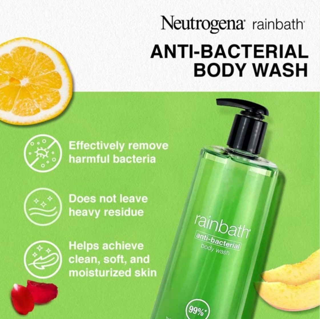 Neutrogena Rainbath Anti - Bacterial Shower Gel ရေချိုးဆပ်ပြာ  (Protection From 99% Harmful Bacteria)  - 473ml