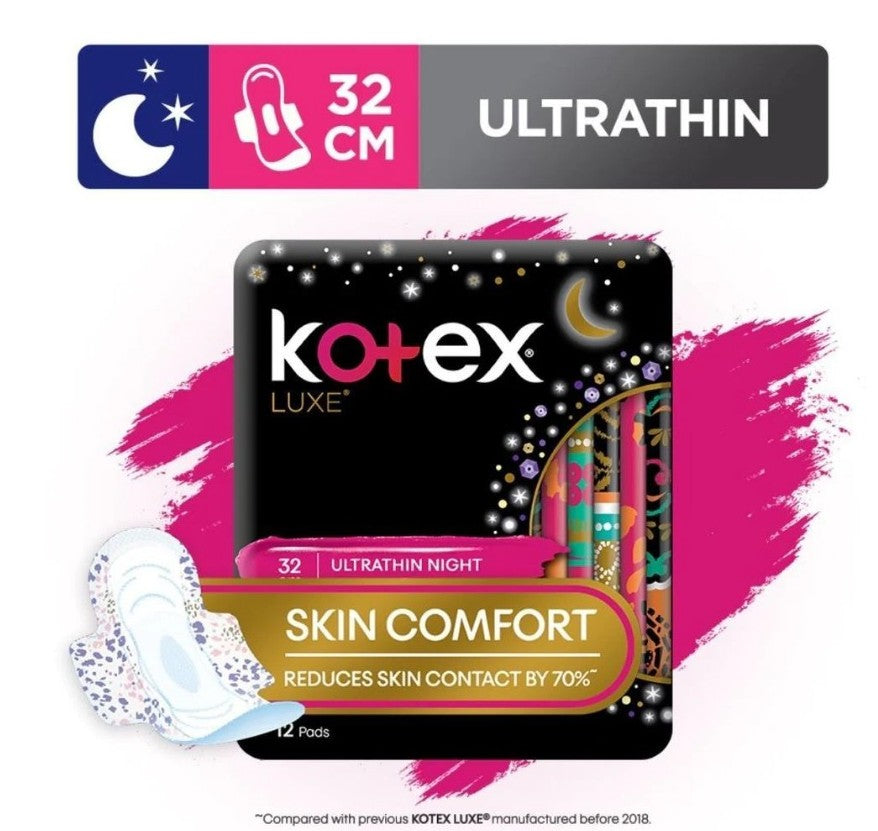 KOTEX Luxe Skin Comfort Ultrathin Night Sanitary Pad Wing 32cm (For Heavy Flow) 12s